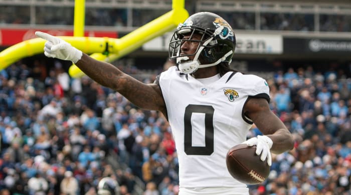 Jaguars receiver Calvin Ridley celebrates scoring a touchdown.